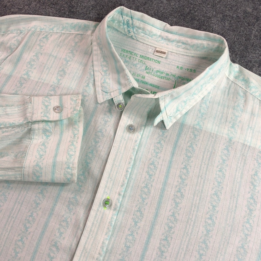 Diesel Mens Button Down Shirt XL White Mint Green Striped Graphic Logo